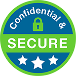 This green blue and white circular badge shows that Net Pay Advance is 'Confidential and secure'. There's a lock icon in the middle and three white stars at the bottom.