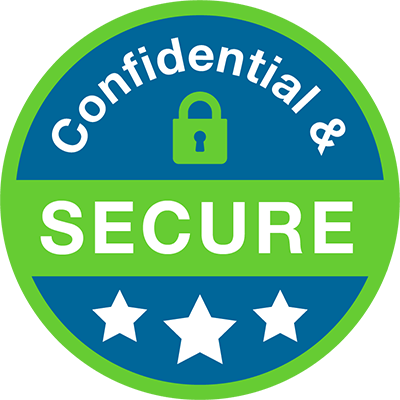 This green blue and white circular badge shows that Net Pay Advance is 'Confidential and secure'. There's a lock icon in the middle and three white stars at the bottom.