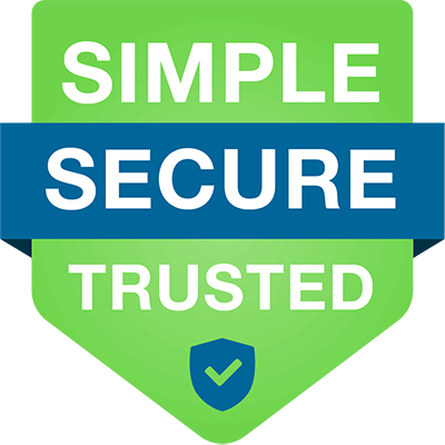This upside down shield-shaped badge shows Net Pay Advance's three values of being a 'simple secure trusted' online payday loan provider. White text is on a blue and green background. At the bottom of the badge, there is a blue shield with a green checkmark.
