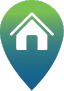 An icon of a house depicted in front of a green gradient background location pin.