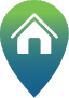 An icon of a house depicted in front of a green gradient background location pin.