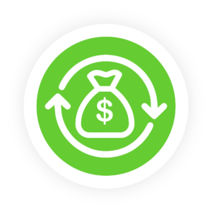 A white bag of money surrounded by circulating arrows sits on a green circle. The icon is used to represent a revolving line of credit. 