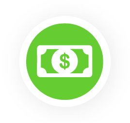 A white bag of money surrounded by circulating arrows sits on a green circle. The icon is used to represent a revolving line of credit. 