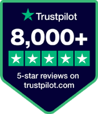 This blue teal and white Trustpilot badge shows that Net Pay Advance has 8,000+ 5-star reviews on Trustpilot