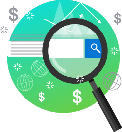 Magnifying glass looks at a search bar on a blue and green circle icon. Dollar signs float around. It's used to showcase the Net Pay Advance Financial Literacy Glossary.