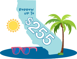 State of California with palm tree, sunglasses, and sun next to it