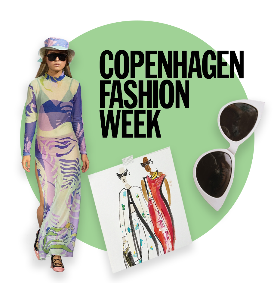 Copenhagen Fashion Week text next to model, magazine cover, and sunglasses over a green circle background