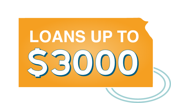 The words "Loans up to $3000" displayed on an orange background in the shape of the state of Kansas