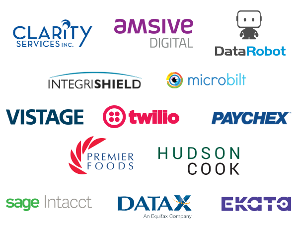 mobile image of our third party business partners such as clarity, amsive digital, datarobot, integrishield, microbuit, vistage, twilio, paychex, premier foods, hudson cook, sage intacct, datax, ekata