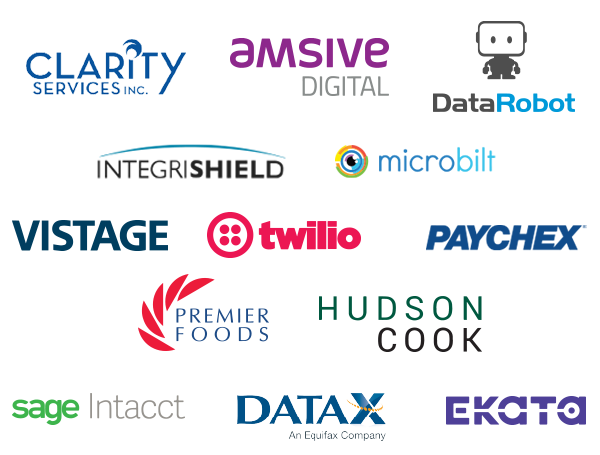 mobile image of our third party business partners such as clarity, amsive digital, datarobot, integrishield, microbuit, vistage, twilio, paychex, premier foods, hudson cook, sage intacct, datax, ekata