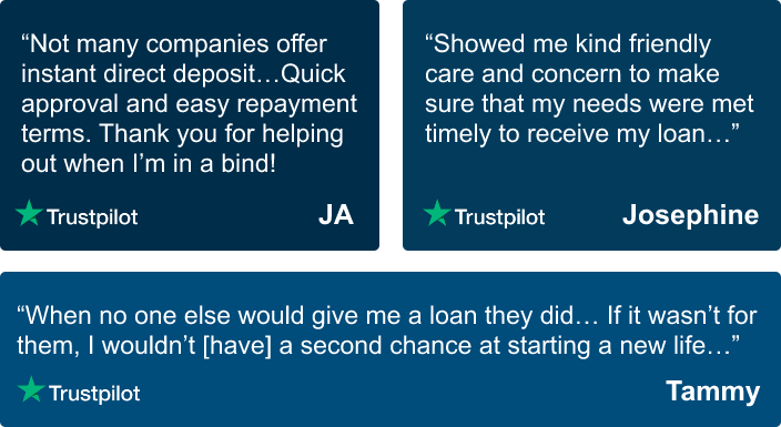 Three positive payday loan Trustpilot reviews are showcased. They're white text on blue backgrounds. They're from JA, Josephine, and Tammy. They say they appreciated Net Pay Advance's easy repayment terms and friendly care. Each individual shares that Net pay advance helped them when they were in a bind, when they needed to receive their loan timely, and when no one else would give them a loan. Each are appreciative of the service they received from Net Pay Advance. 