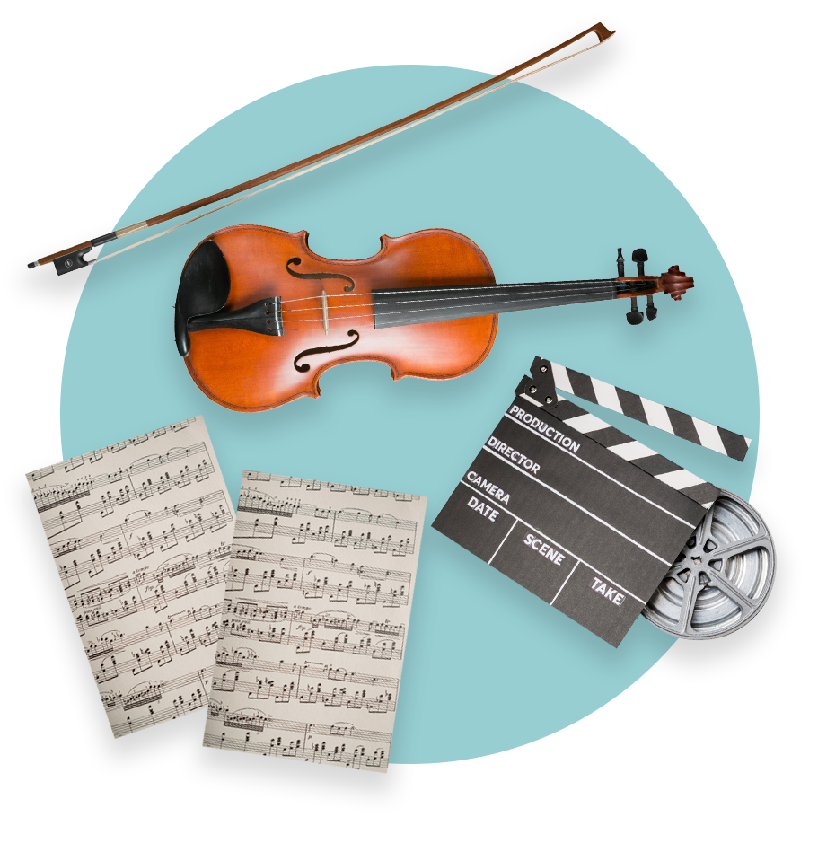 violin, sheet music, and clapperboard on top of a blue circle background