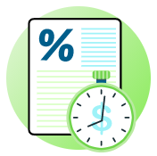 This image shows a stopwatch with a dollar sign icon. It stands in front of a form with small print. On the top left side of the form is a blue percentage mark. It's used to represent rates and terms. 