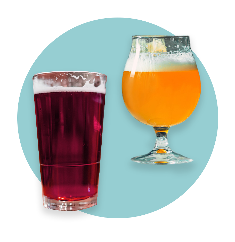 two glasses of sour craft beer with blue circle for background
