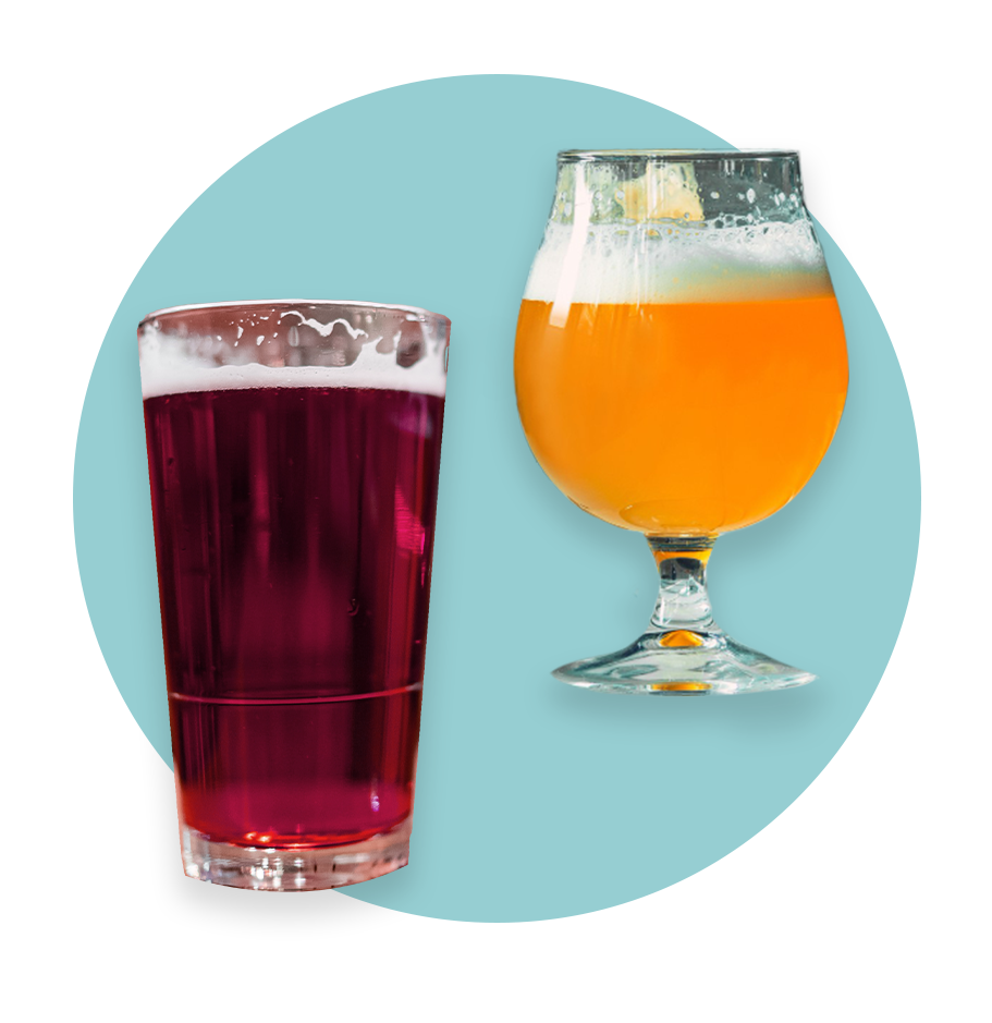 two glasses of sour craft beer with blue circle for background
