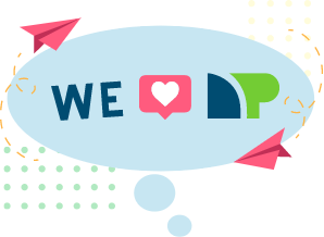 A blue thought bubble says "We *heart icon* NP" Which stands for "We love Net Pay Advance". The heart icon represents love and the Net Pay Advance logo is present. Around the thought bubble, two red paper planes float around. 