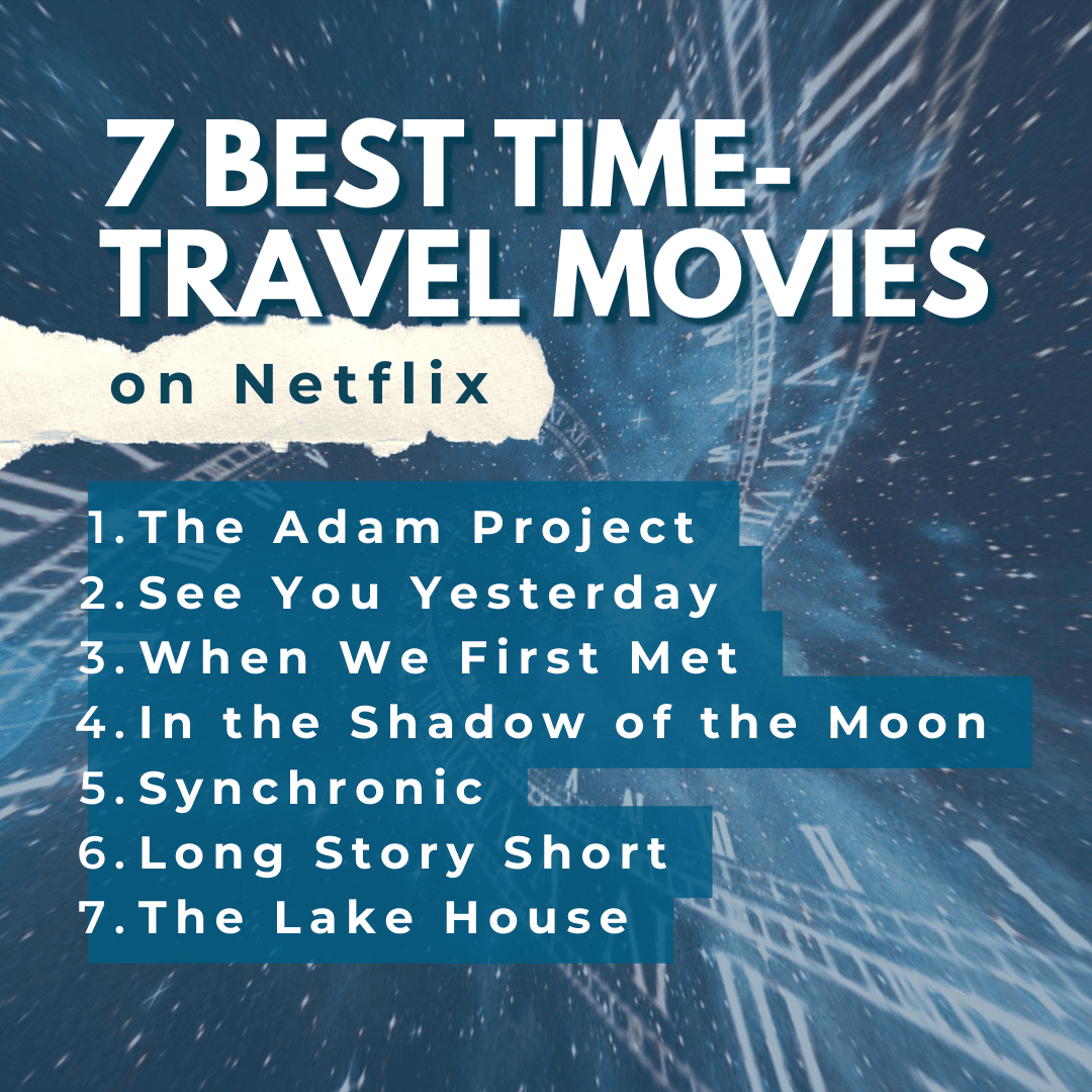 "7 best time travel movies on  Netflix" in large bold letters. List begins "The adam project, see you yesterday, when we first met, in the shadow of the moon, Synchronic, Long story short, and the lake house" 