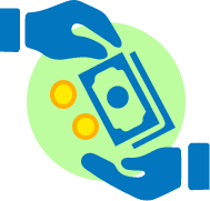 Blue and green vector art of a hand passing dollar bills and coins to another hand