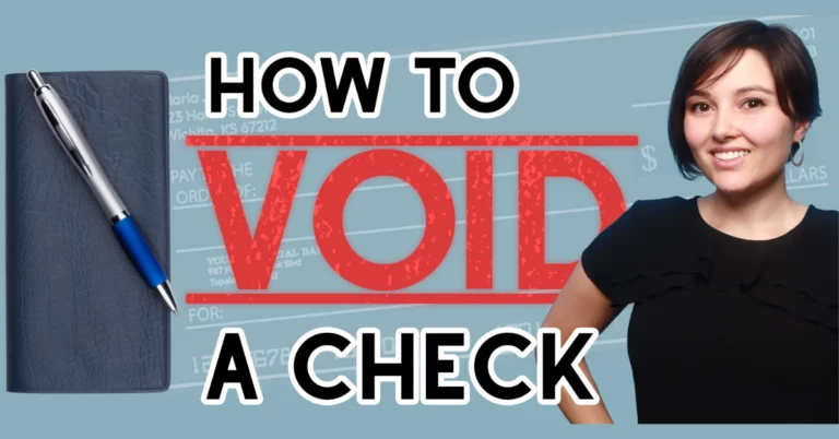 Blue background with bold text that reads "How to void a check" with brunette woman in black shirt and check book