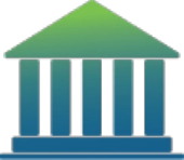 Dark green and blue icon of a bank building with columns and a roof