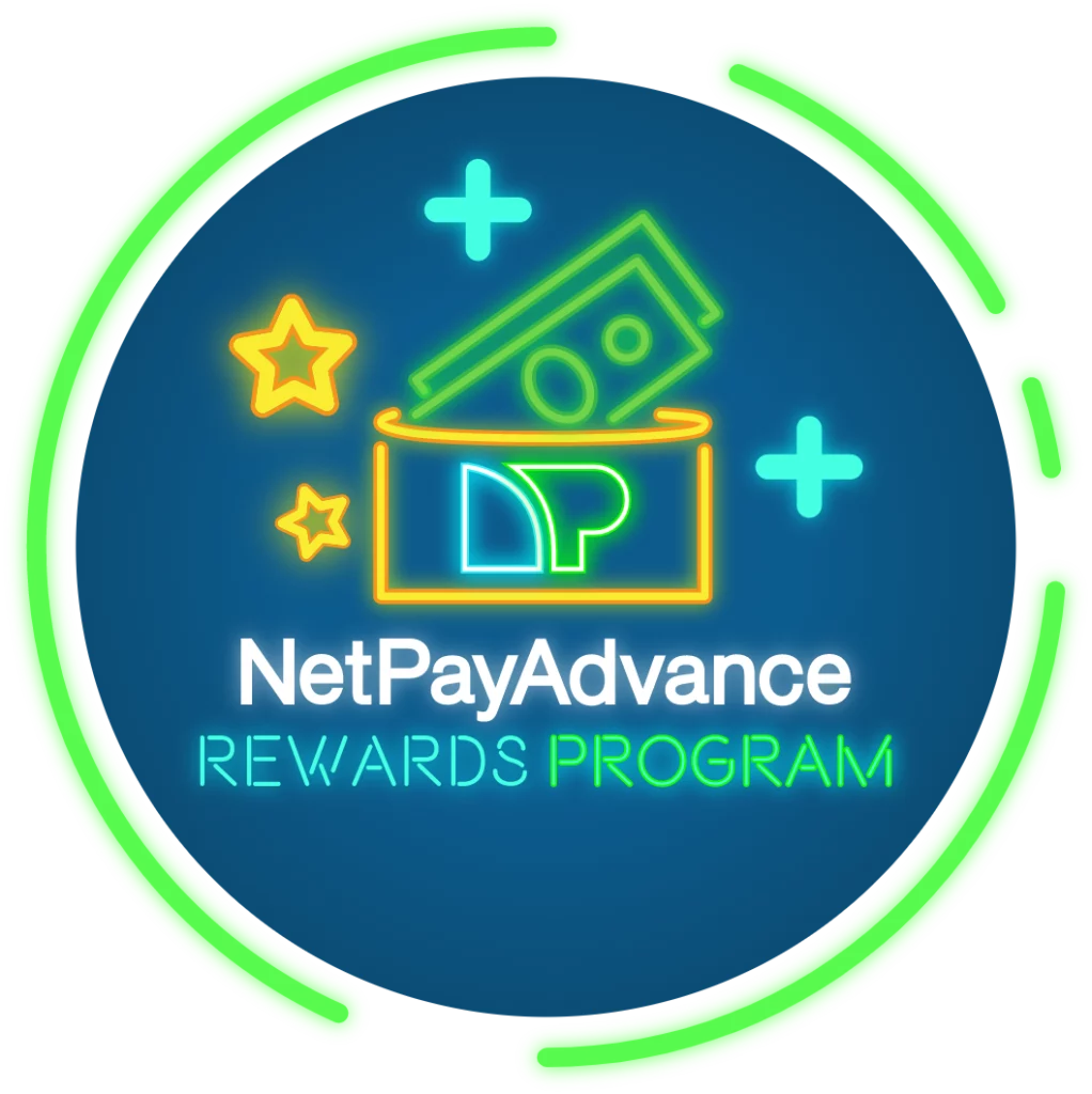 NetPayAdvance Rewards Program Neon Graphic depicting money coming out of a wallet