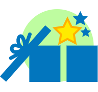 Blue and green vector art of a giftbox opening to reveal stars coming out