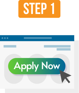 White text on an orange background says "Step 1". Beneath it is the illustration of a website with a big green and blue "Apply now" button with a mouse cursor resting on top of it. 