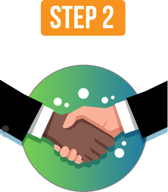 White text on an orange background says "Step 2". Beneath it is an illustration of two people shaking hands. It's a close-up of two hands. Behind the hands is a blue and green circle with small white starts. 