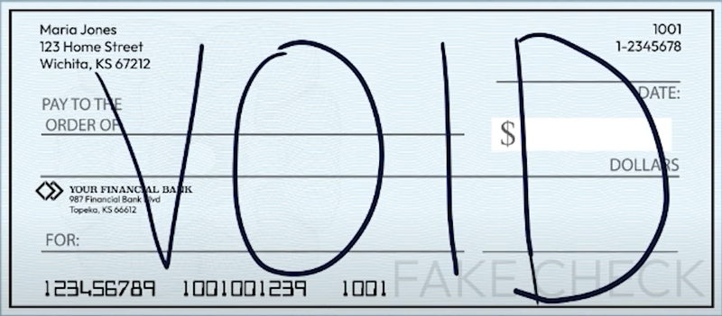 Blank paper check with "Void" wiritten in large, black, capital letters across it