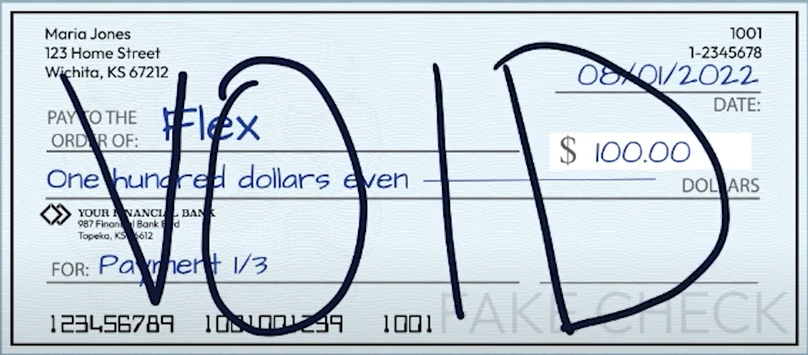 Image shows four reasons a person would void a check. Black text in all caps says reasons to void a check. A voided check lies at the center of the graphic. Four solid red rectangles with rounded corners are connected to the check using red lines. Each rectangle uses white text to show one reason to void a check: errors while filling out a check, to cancel a check, to saying set up automatic bill payments, and to receive direct deposits. All of this is placed on top of a blue background.