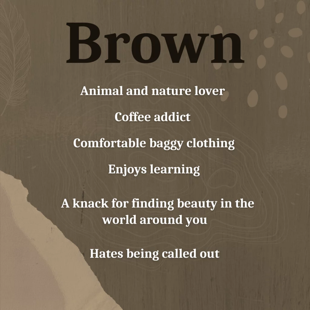 TLDR brown description that highlights the key takeaways from what people that like brown have in common.