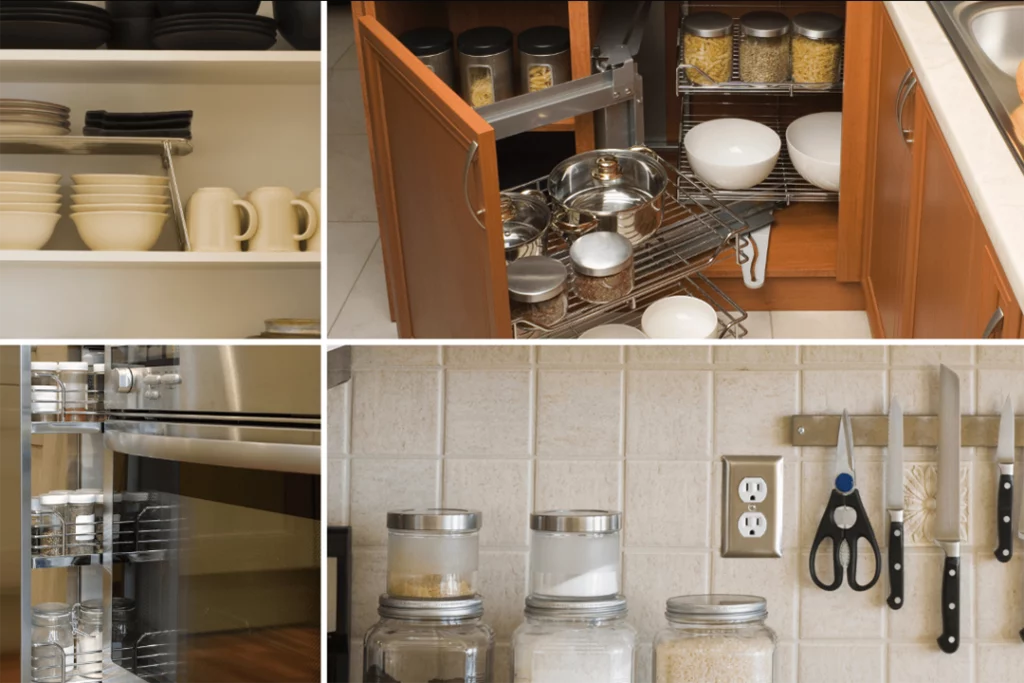 Collage of misc. kitchen tools. This includes risers for more storage, a roll-out spice rack, a magnetic strip on the wall to hold knives or measuring cups, and under-the-cabinet pull-out organizers.