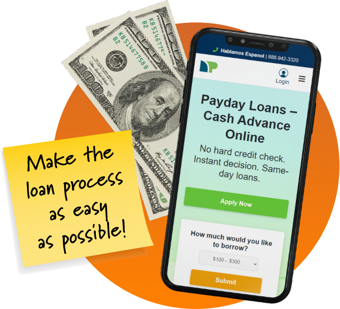 Online loans graphic with a phone in front of some money