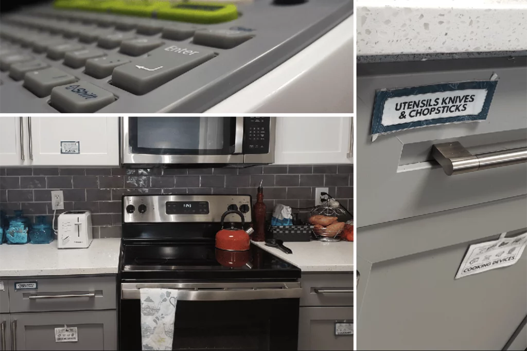 Collage of labeled kitchen cabinets. You can tell what is in each cabinet. There’s an image of a label maker too.