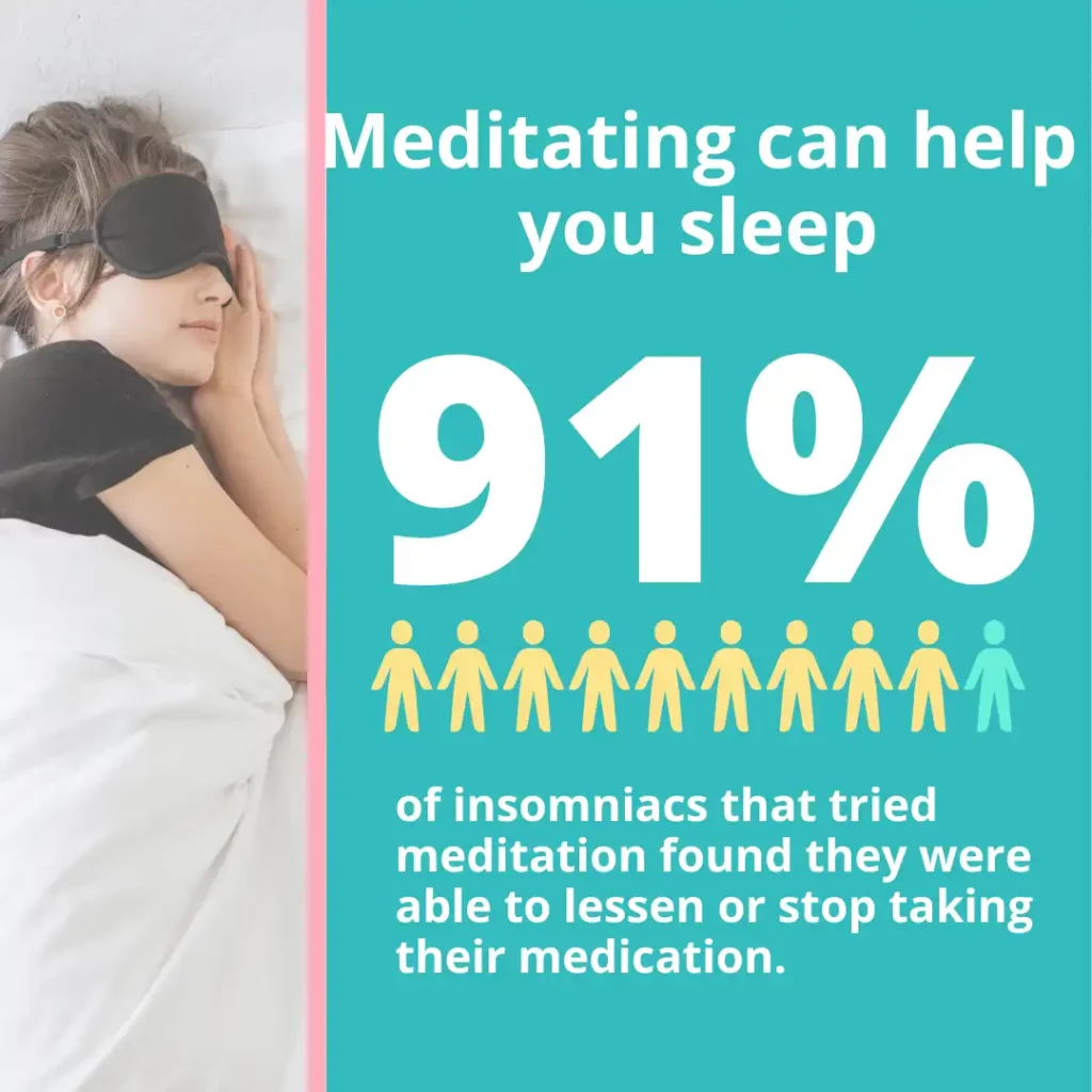 meditating can help you sleep with a picture of a woman sleeping with an eye mask on