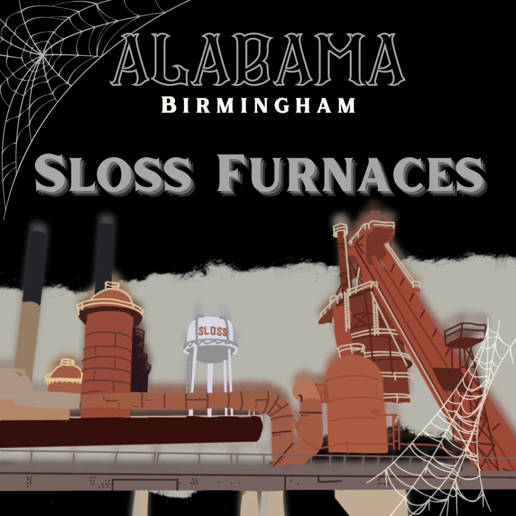 A haunted furnace facility. It’s a drawing of Sloss Furnaces, the most haunted place in Alabama.