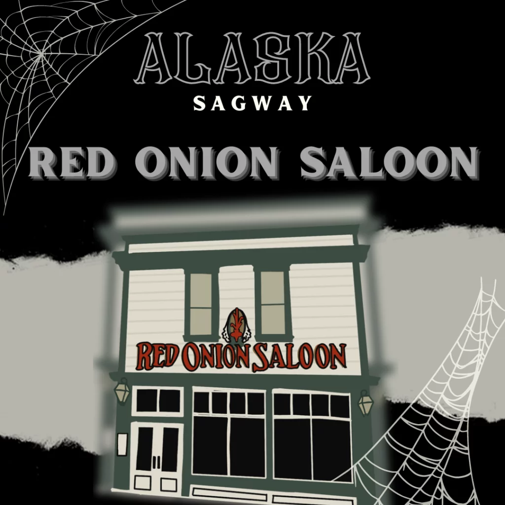 A two-story bar with a red sign. It’s a drawing of the infamous and spooky Red Onion Saloon, the most haunted place in Alaska.