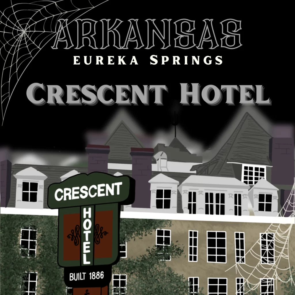 A large green and purple hotel. It’s a drawing of Crescent Hotel, the most haunted place in Arkansas.