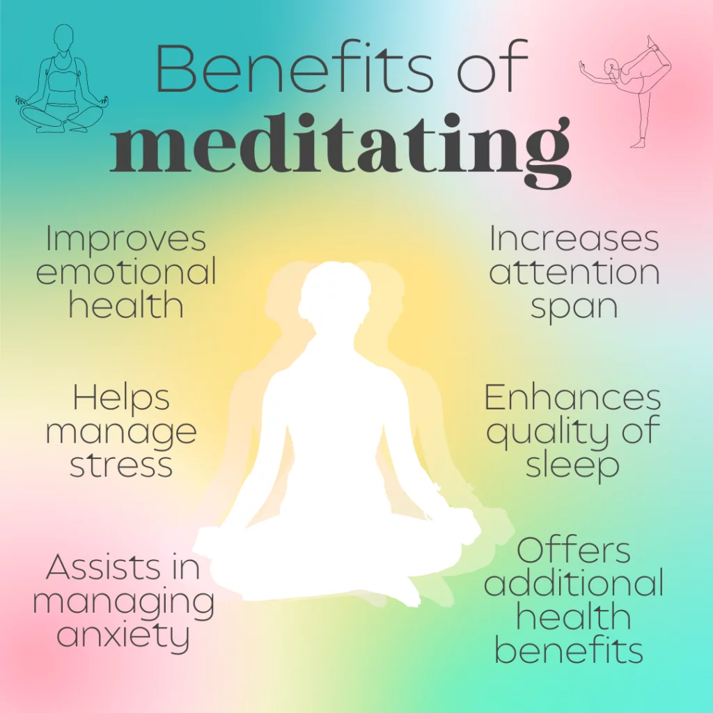 Benefits of meditating include improves emotional health, helps manage stress, increases attention span, enhances quality of sleep