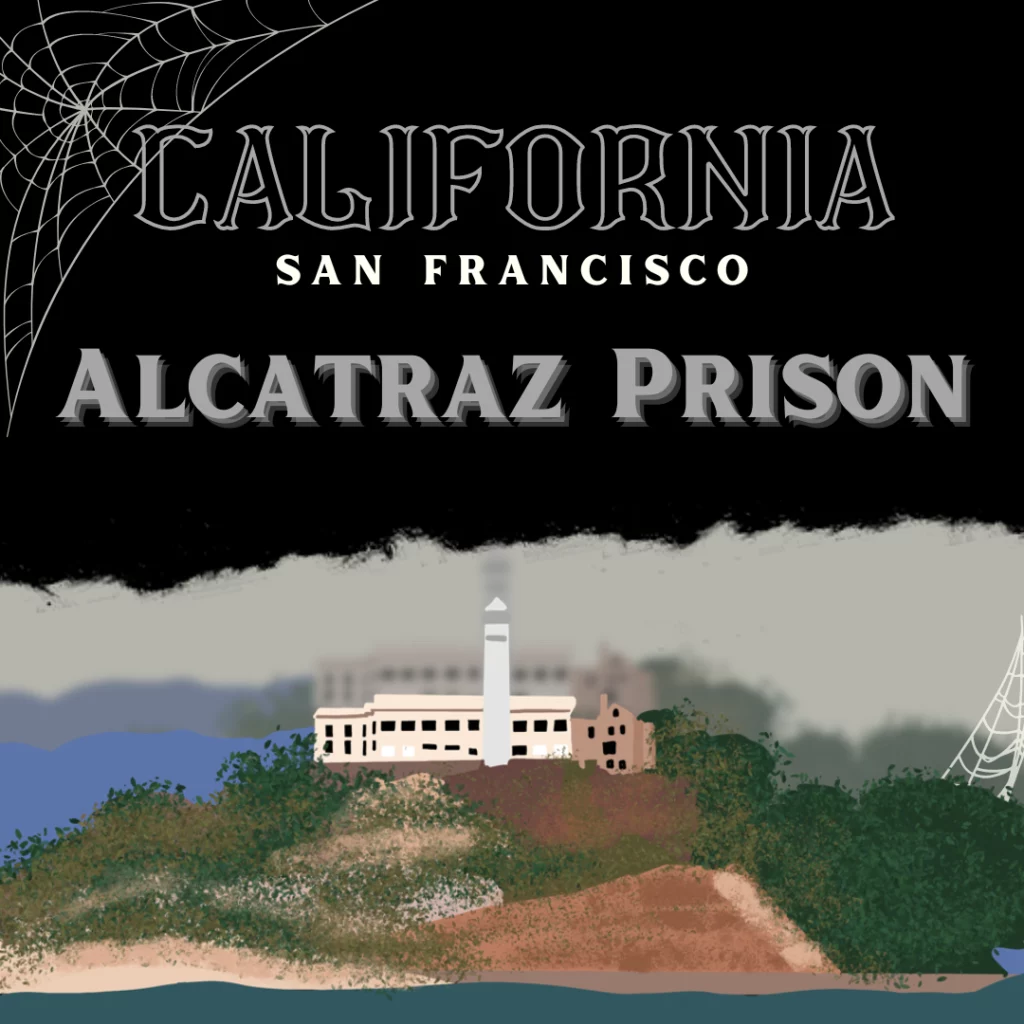 An old prison on an island. It’s a drawing of the infamous Alcatraz Prision, the most haunted place in California.