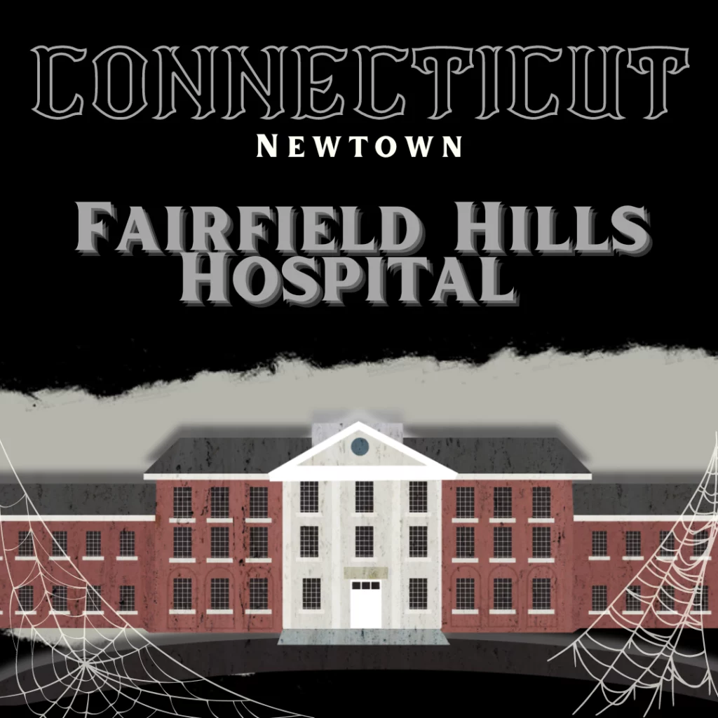 A large old hospital with spider webs. It’s a drawing of Fairfield Hills Hospital, the most haunted place in Connecticut