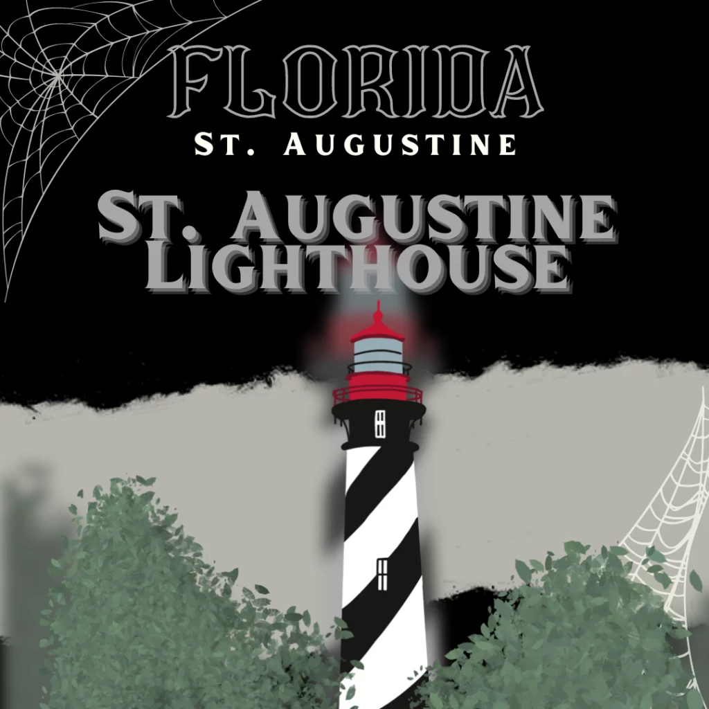 A tall lighthouse with white and black stripes and a red top. It’s a drawing of the St. Augustine Lighthouse. It’s the most haunted place in Florida.