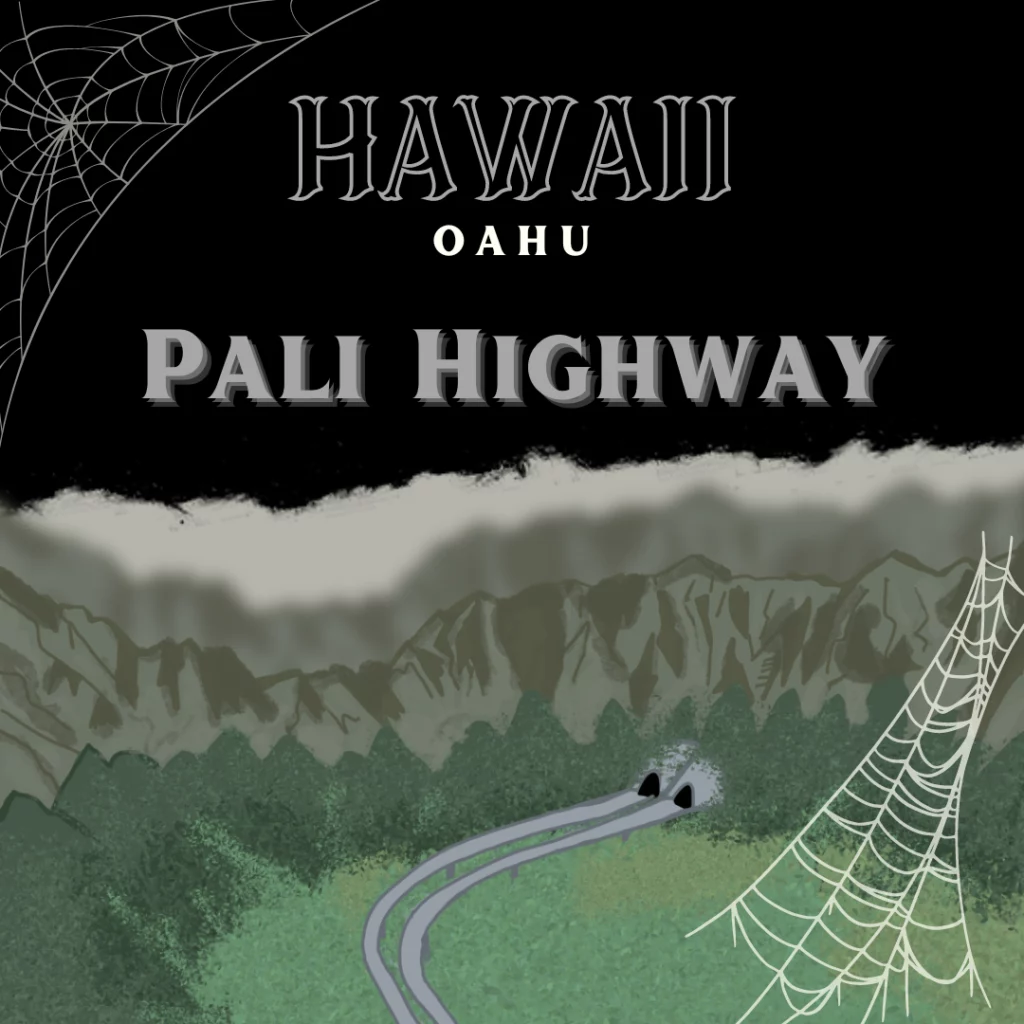 A curving highway that goes into a tunnel in mountain. It’s a drawing of the infamous and spooky Pali Highway, the most haunted place in Hawaii.