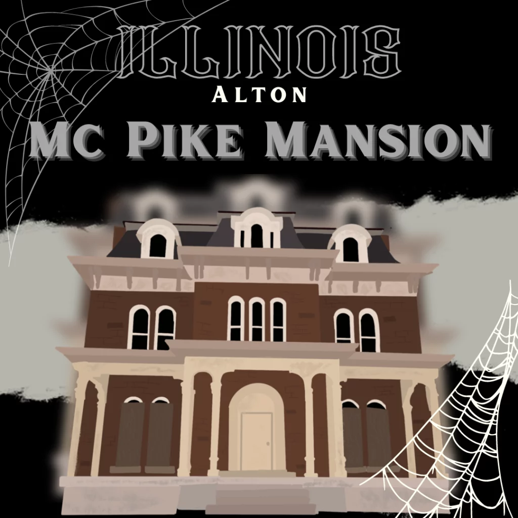 A brown three-story mansion. It’s a drawing of infamous McPike Mansion, the most haunted place in Illinois.