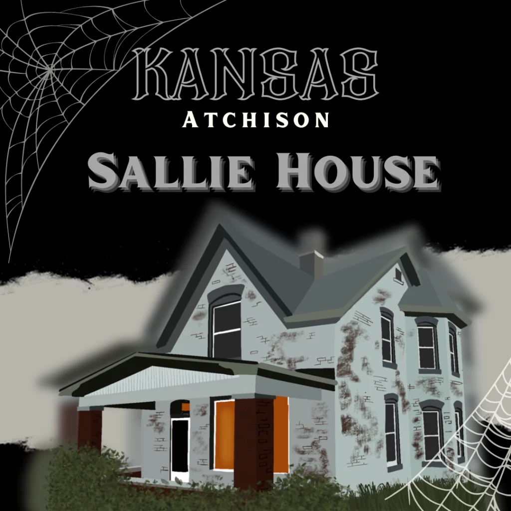 A small old two-story house. It’s a drawing of infamous Sallie House, the most haunted place in Kansas.