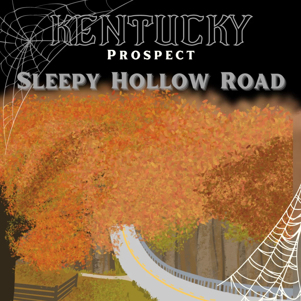 A curving road with orange and gold trees in Fall. It’s a drawing of Sleepy Hollow Road, the most haunted place in Kentucky.