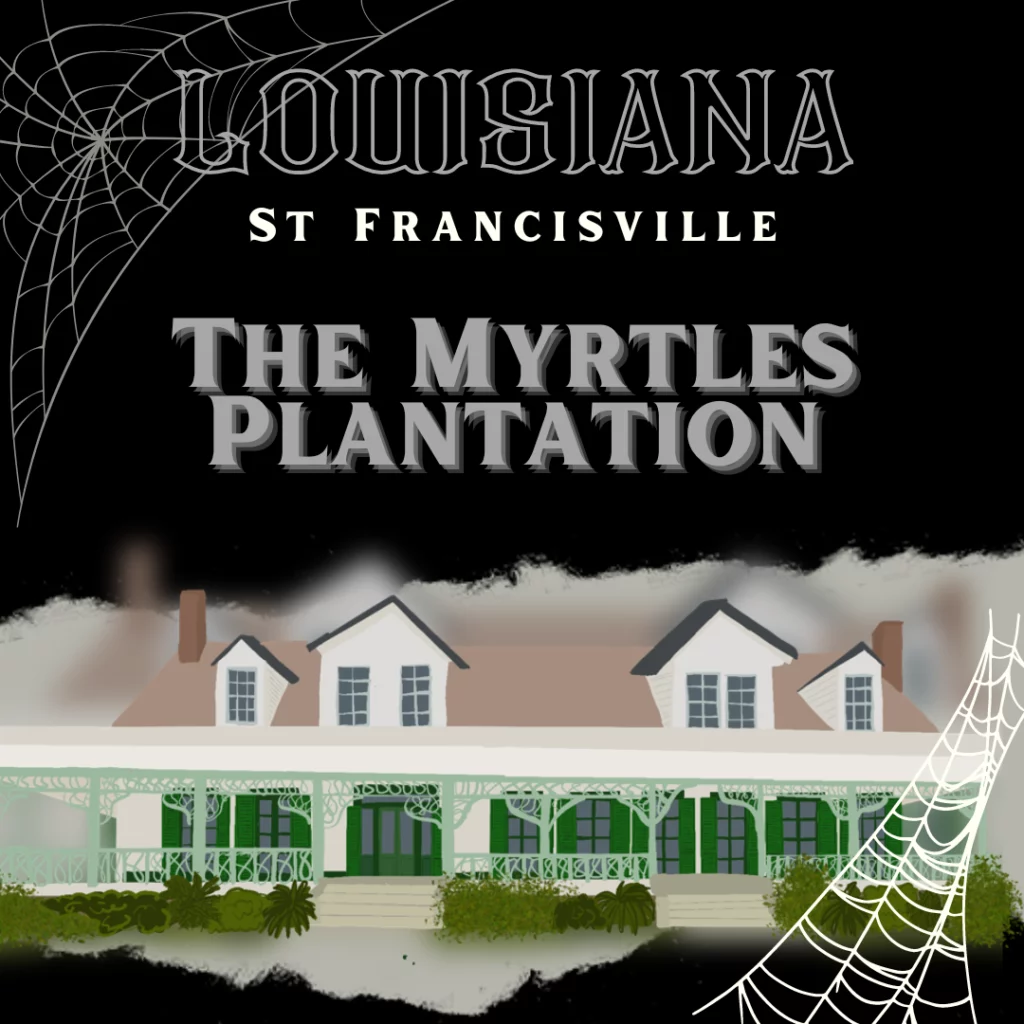 A large house with a green wrap-around porch. It’s a drawing of The Myrtles Plantation, the most haunted place in Louisiana.