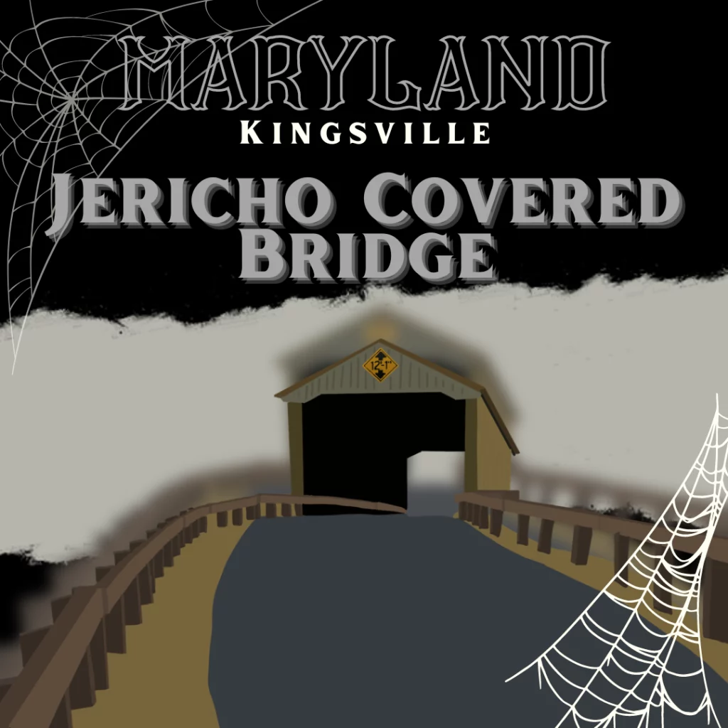 A small road with a covered bridge. It’s a drawing of the Jericho Covered Bridge in Maryland, the state’s most haunted place.