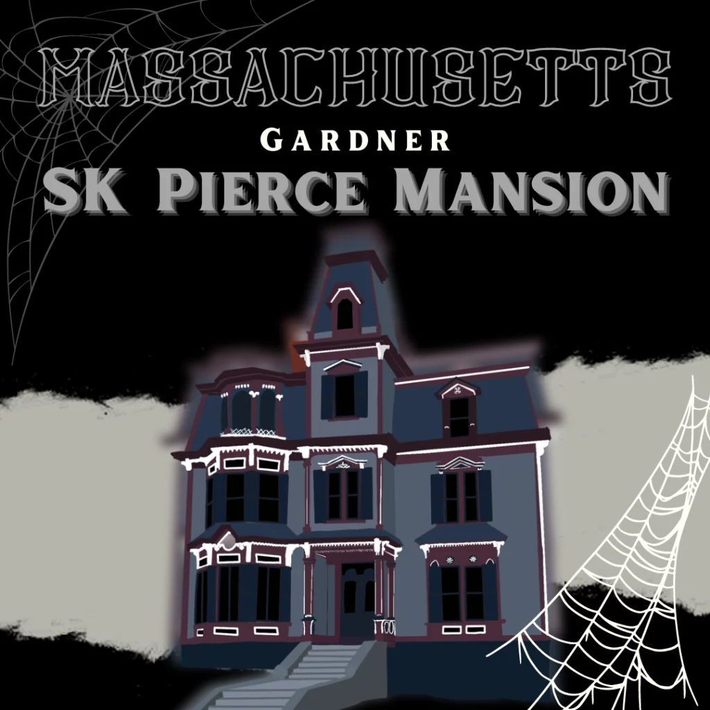 A four-story blue, red, and white mansion. It’s a drawing of SK Pierce Mansion, the most haunted place in Massachusetts.