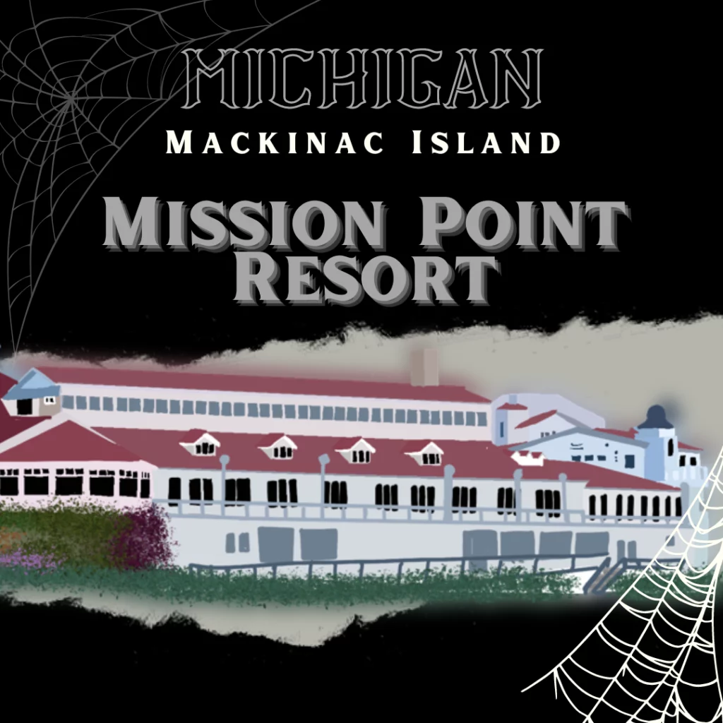 A large red and gray hotel. It’s a drawing of the infamous Mission Point Resort, the most haunted place in Michigan.